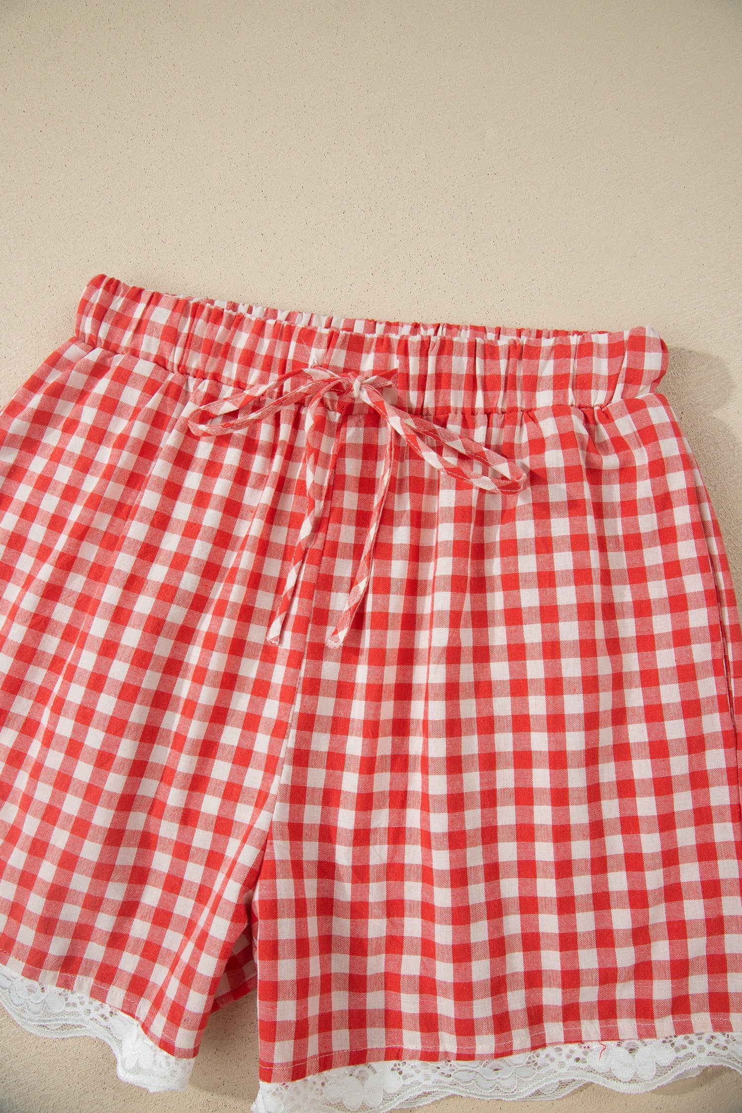 Red and White Gingham Plaid Tie Waist Lace Hem Shorts
