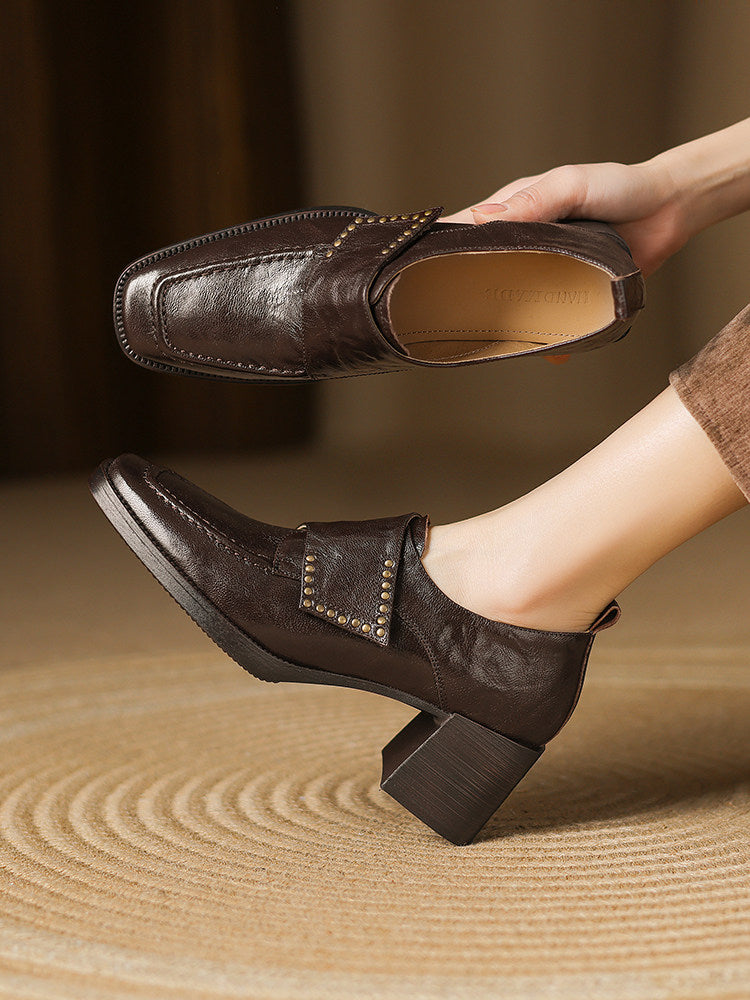Black Square Toe Chunky Heel Pumps with Studded Accents