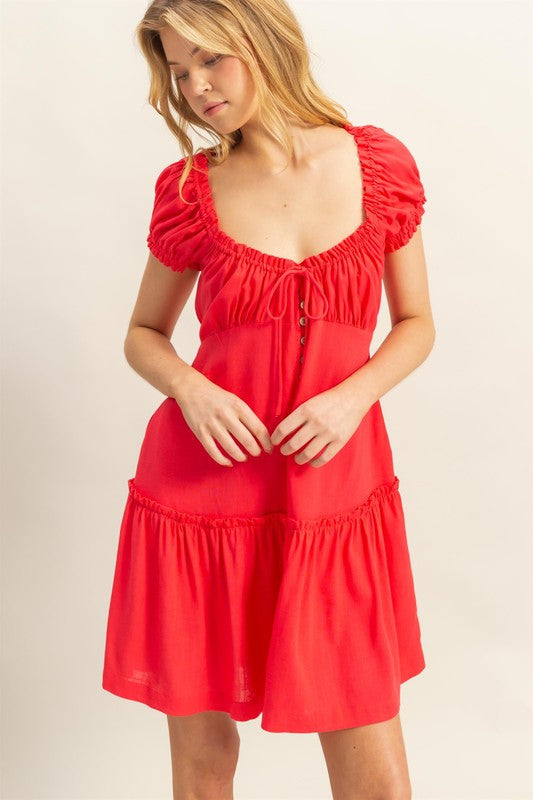 Red ruched frill tiered mini dress with short sleeves