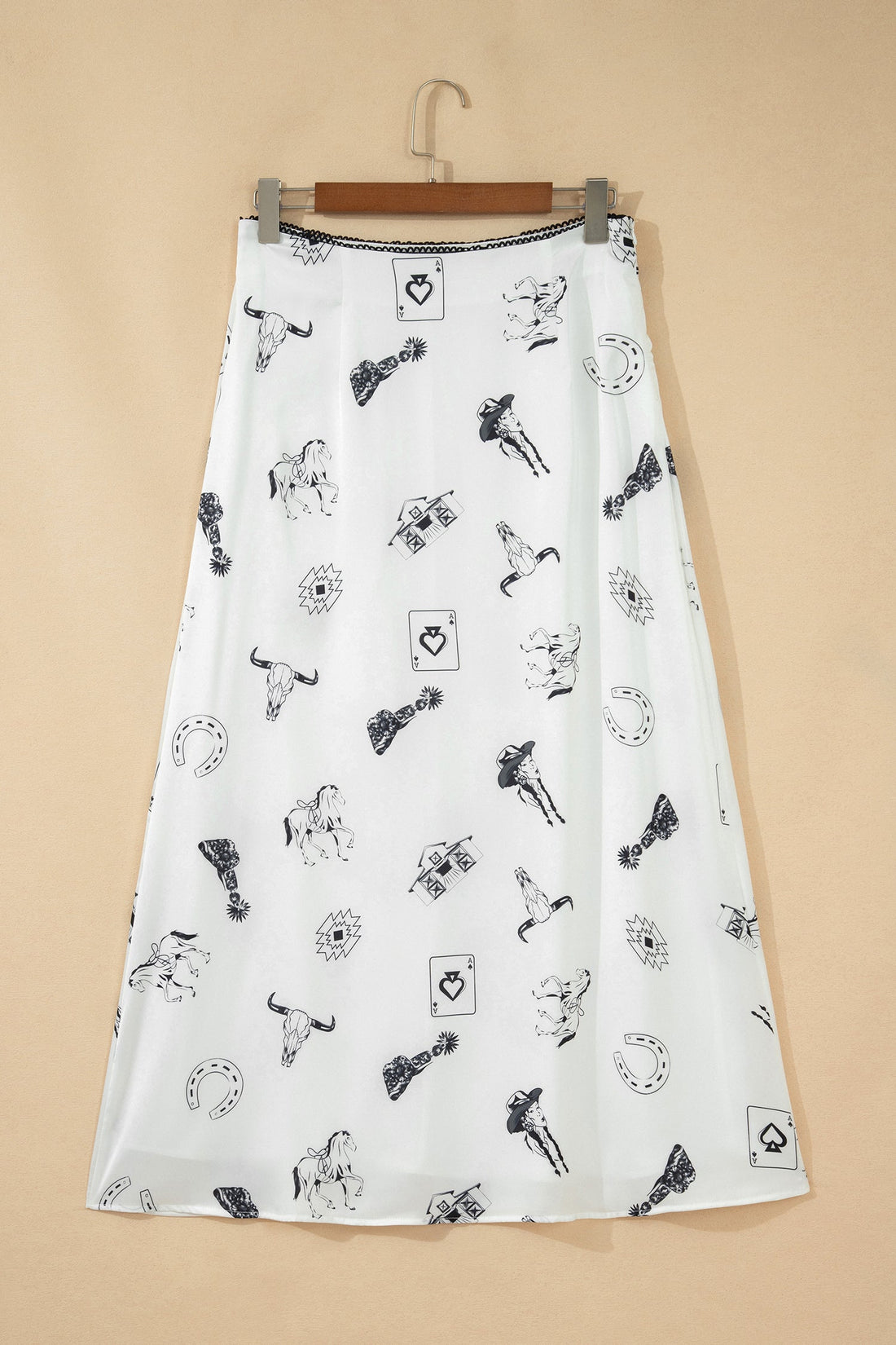 White Western Print Satin Long Skirt Elegant Midi Flowy Skirt