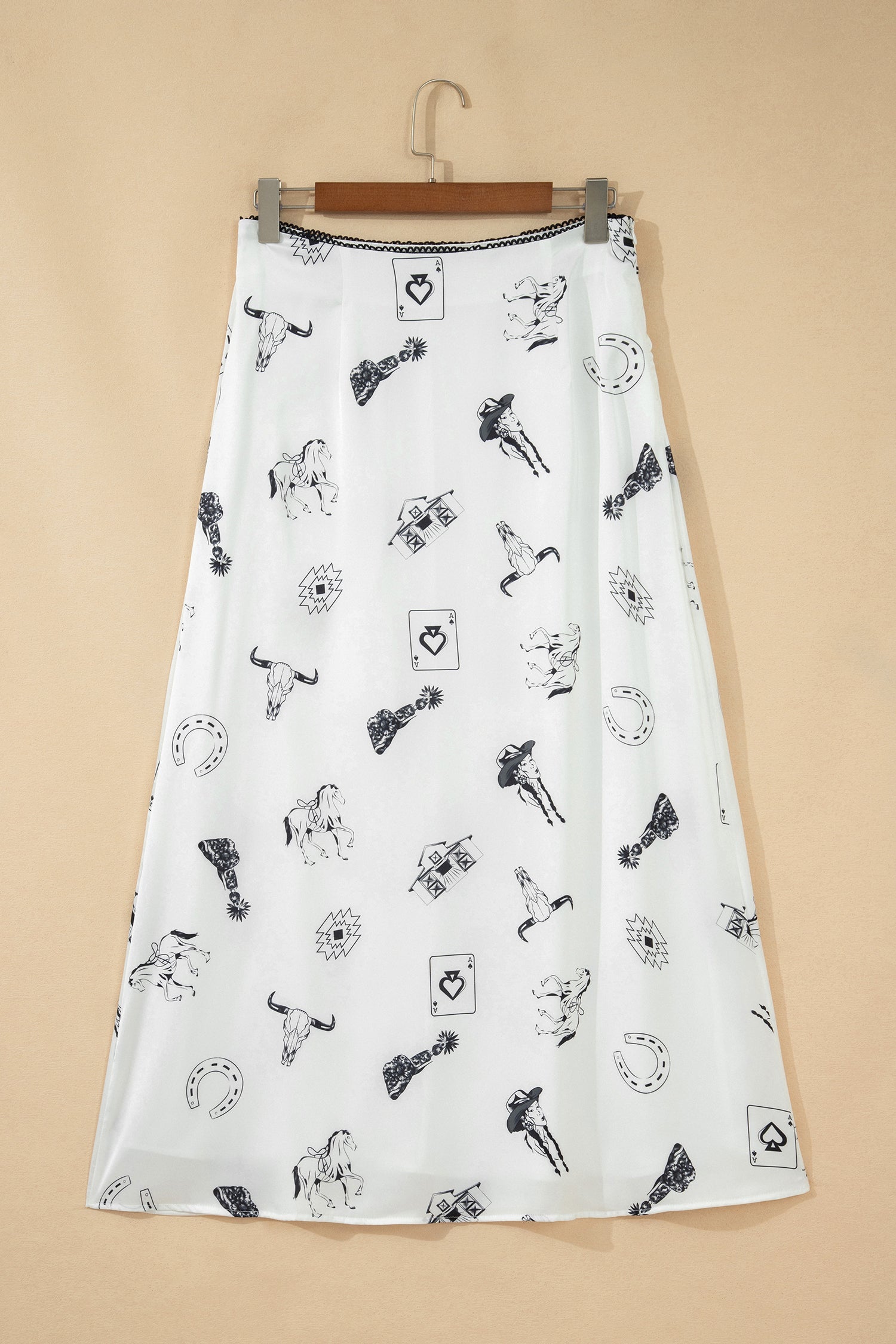 White Western Print Satin Long Skirt Elegant Midi Flowy Skirt