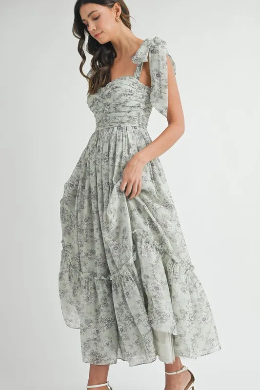 Floral Bust Ruched Midi Dress with Shoulder Tie