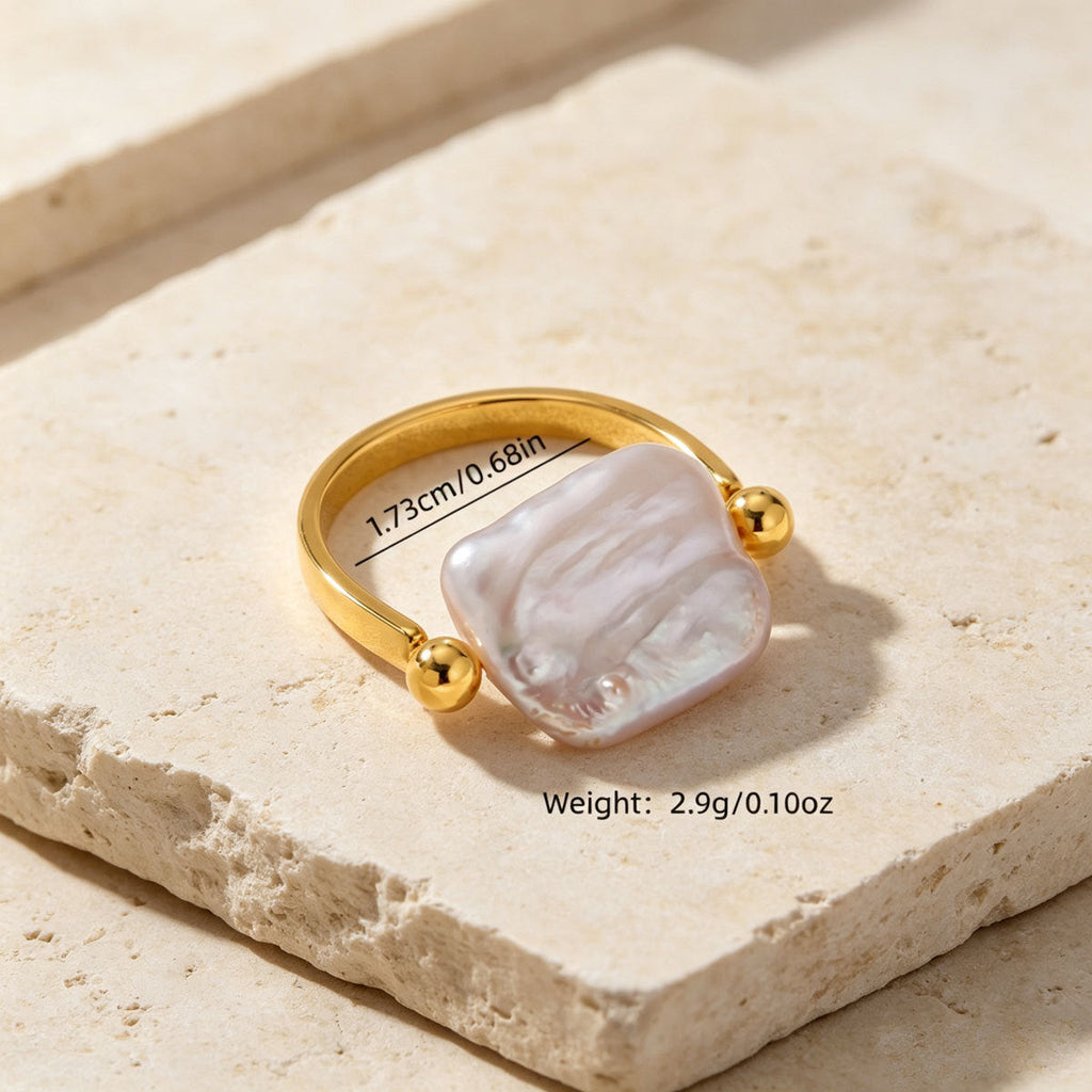 Women Minimalist Square Baroque Faux Pearl Open Adjustable Ring, 14K Gold Plated Smooth Bead Sides Thin Band Daily Stackable Jewelry Gift