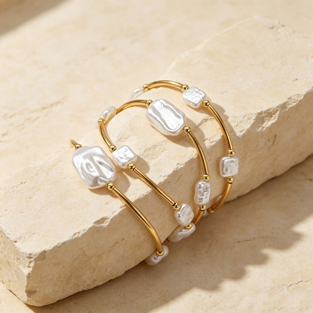 Women Irregular Baroque Faux Pearl Stretch Bangle, Elastic Adjustable Stackable Thin Bracelet Gold Rhodium Two Tone Plated Minimalist Daily Jewelry Gift