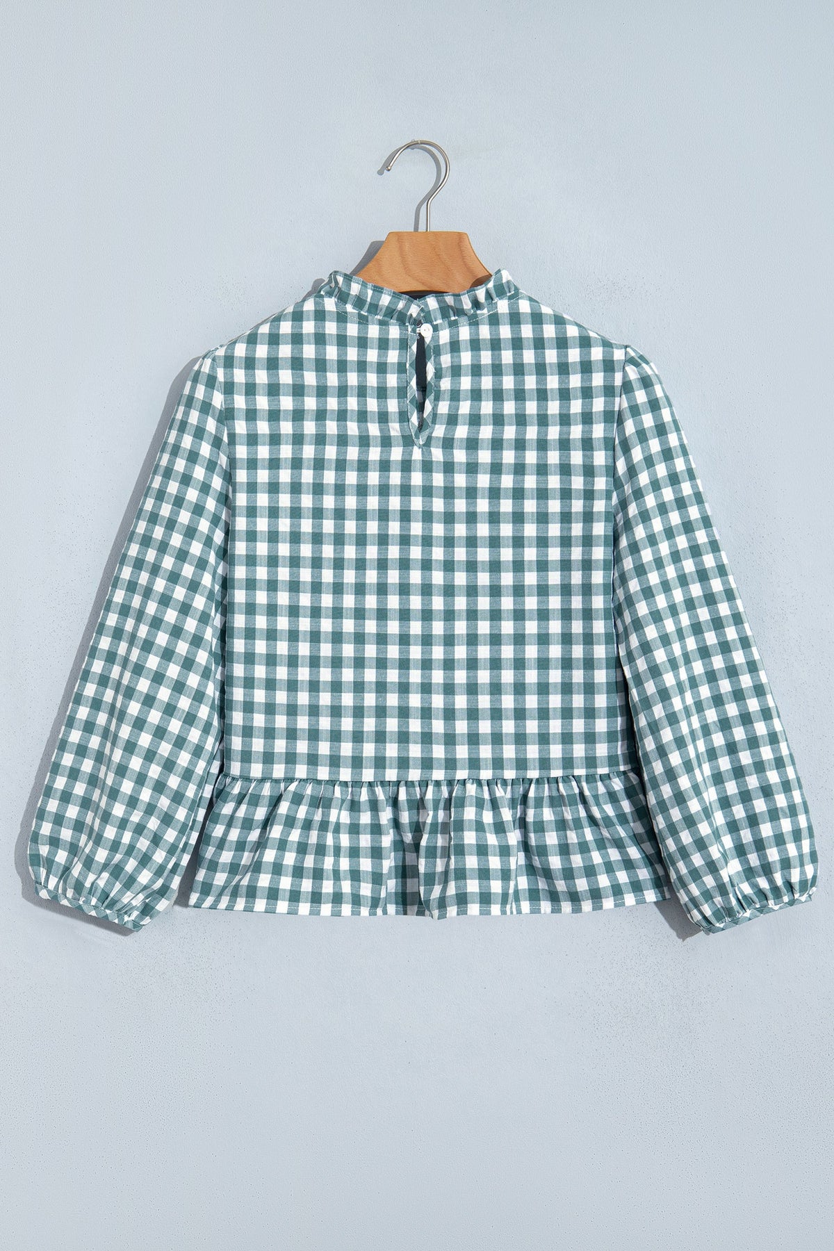 Gingham Shirred Long Sleeve Peplum Top