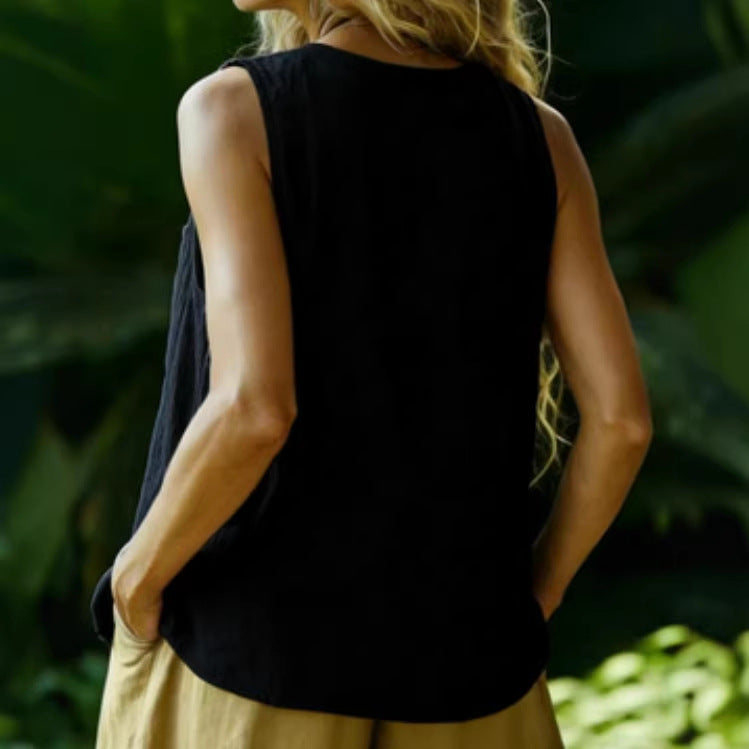 Cotton-Linen Sleeveless V-Neck Tank with Button Detail - Image 2