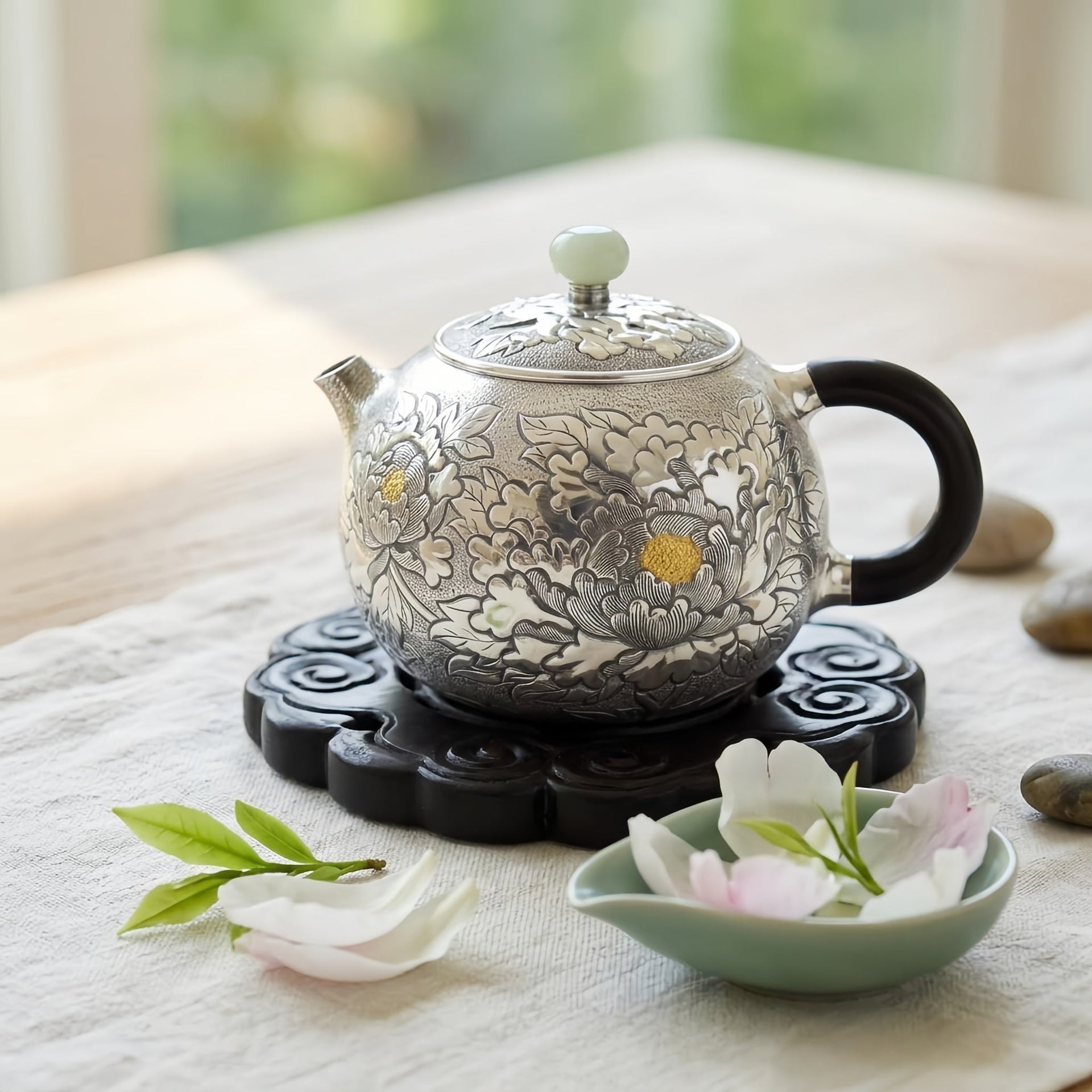 Handcrafted 999 Fine Silver Peony Teapot with Ebony Handle & Jade