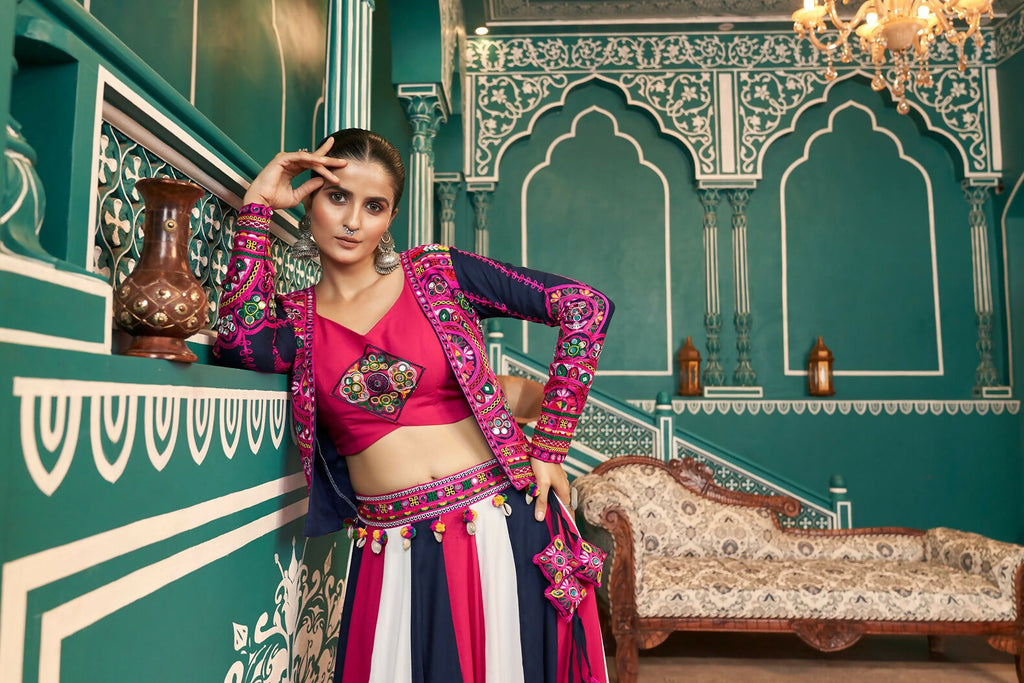 Multi-Color Viscose Rayon Navratri Lehenga Choli with Rani Pink Blouse