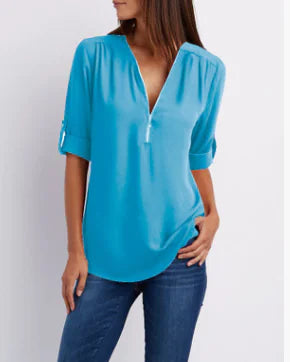 Women's Plus Size V-Neck Zip Chiffon Shirt