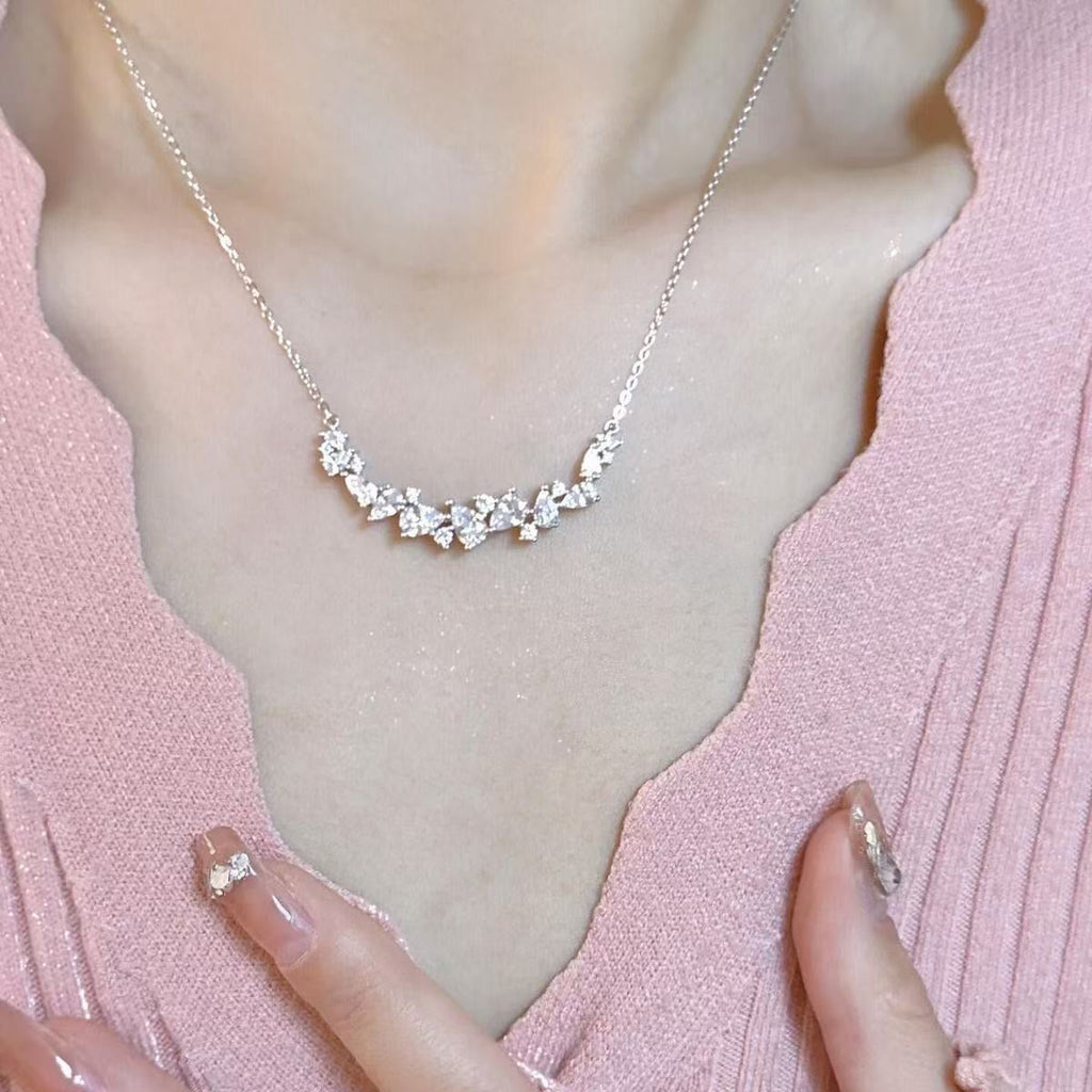 999 Sterling Silver Smile Bar Necklace with CZ Cluster Accent