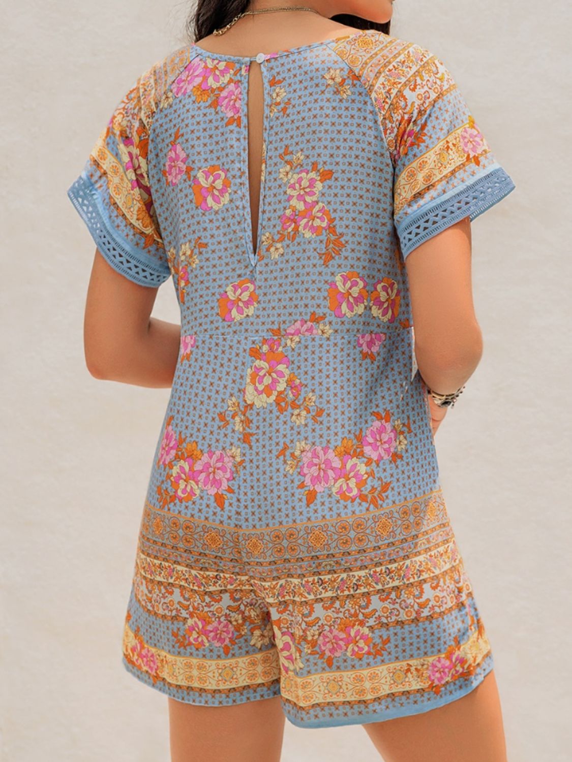 Printed V-Neck Short Sleeve Romper | Viscose Cutout