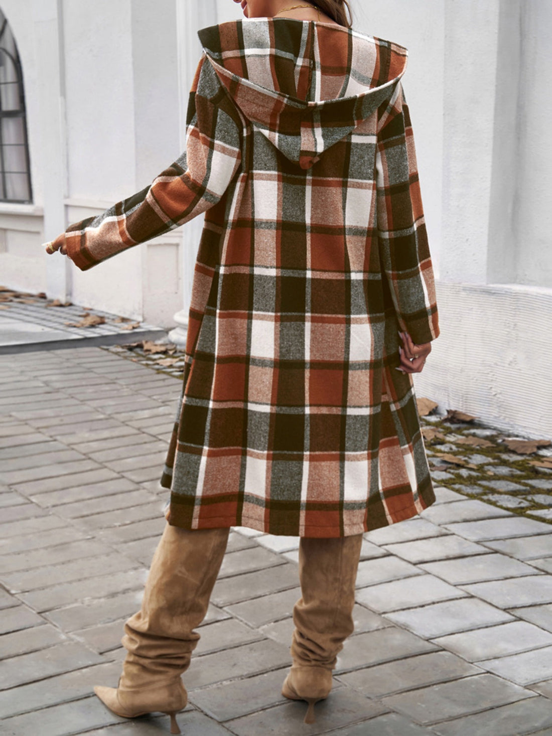 Women's Plaid Long Sleeve Hooded Coat in Brown and Green - Image 2