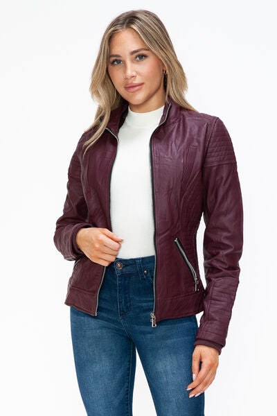 Dual-Zipper Layered Jacket with Fuzzy Hood in Burgundy and Grey