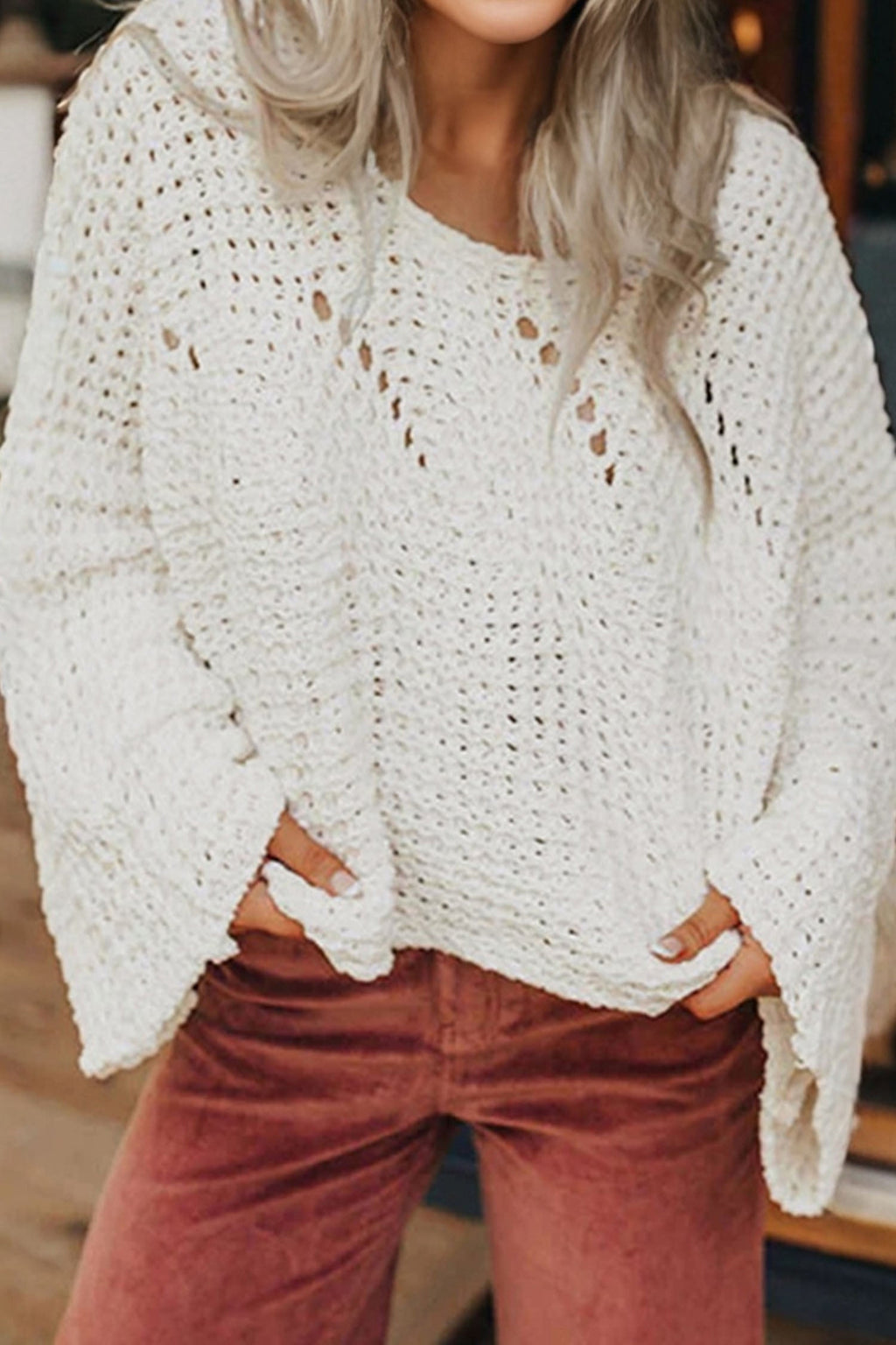 White Hollowed Detail Wide Sleeve Loose Pullover Sweater
