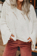 White Hollowed Detail Wide Sleeve Loose Pullover Sweater