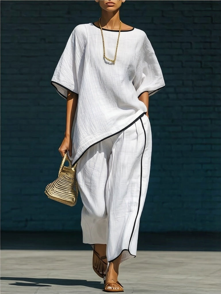 Women's Loose Linen-Blend Short Sleeve Top and Pant Set - Image 12