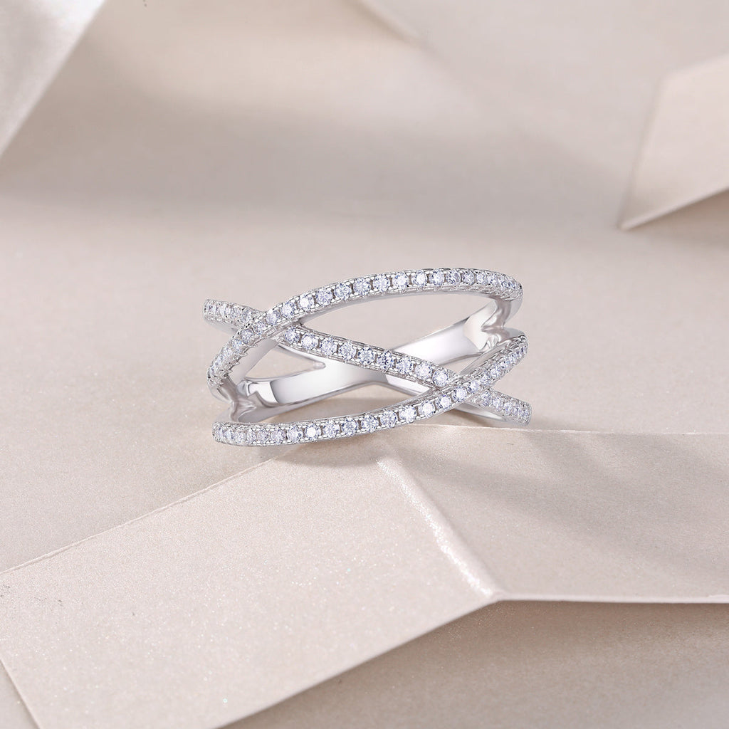 S925 Silver 4.2g Platinum Plated Moissanite Ring, 80pcs 1.0mm D VVS1 Criss Cross Band, GRA Certified US 5-9