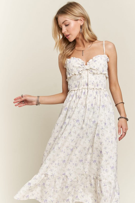 White and Purple Floral Smocked Flowy Cotton Dress