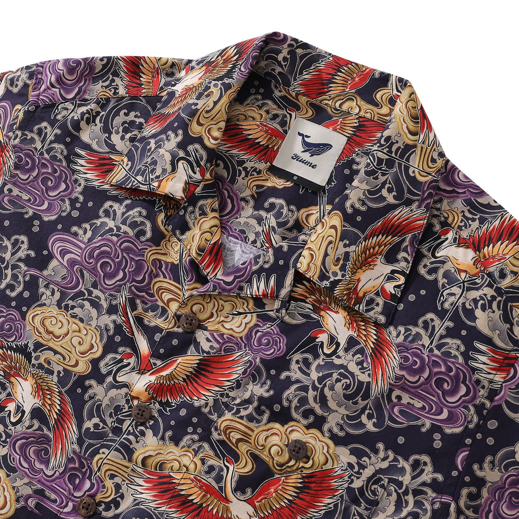 Men's Crane Illustration Print Camp Collar Cotton Shirt