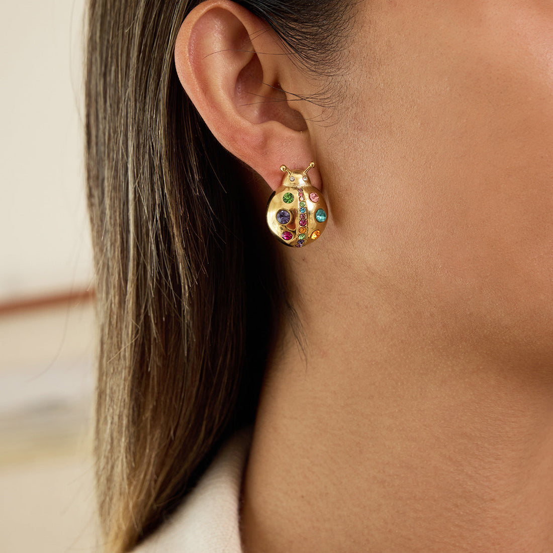 Colorful Zircon Ladybug Stud Earrings in Gold Stainless Steel