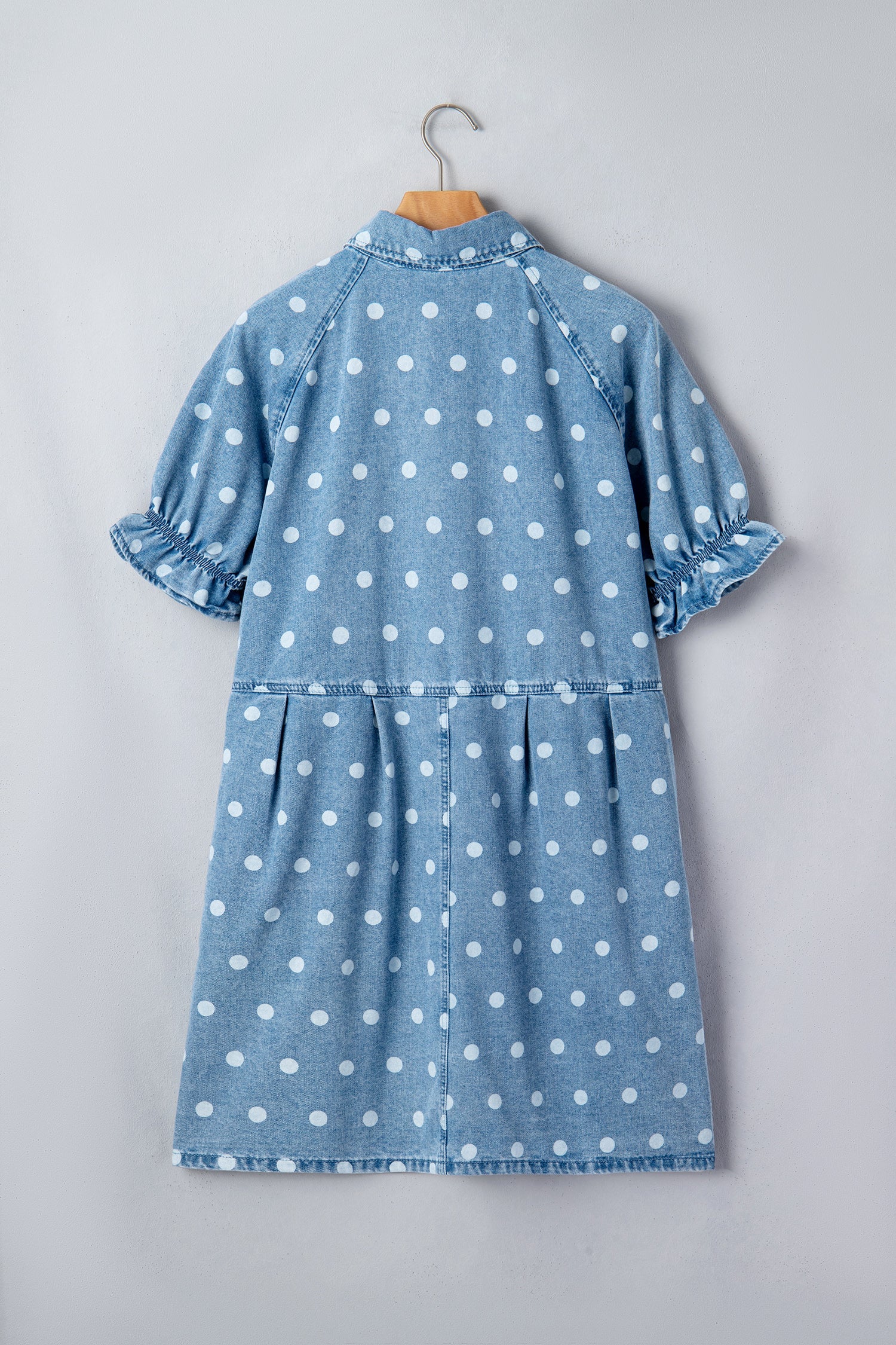 Polka Dot Denim Puff Sleeve Buttoned Dress