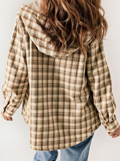 Plush Plaid Snap Down Hooded Jacket Cozy Warm Casual Outerwear