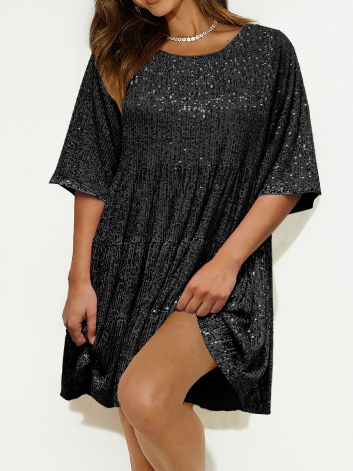 Sequin Round Neck Half Sleeve Mini Dress | Shimmer