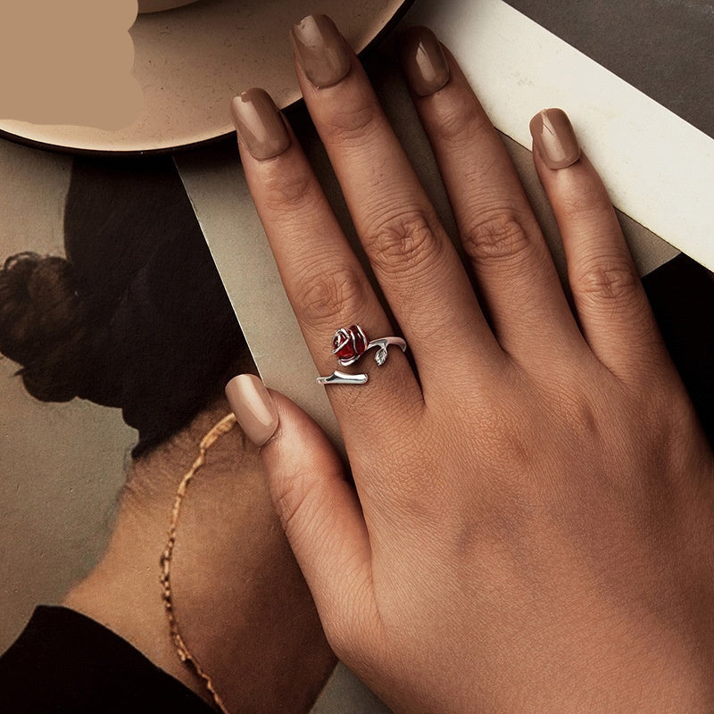Vintage Red Rose Flower 925 Silver Adjustable Open Ring