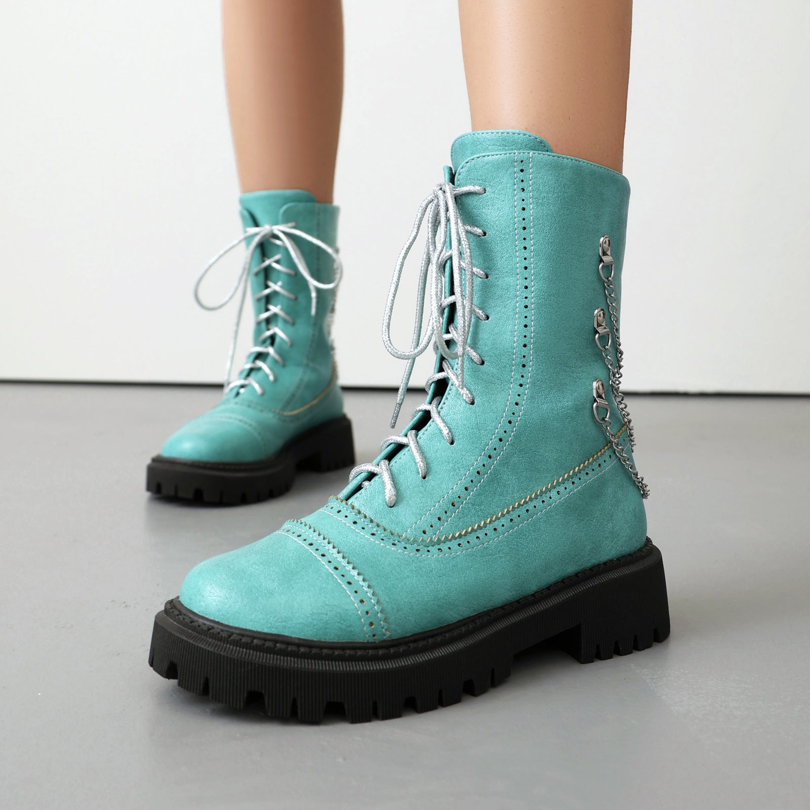Women's Lace-Up Mid-Calf Chunky Heel Boots with Chain Detail - Image 5