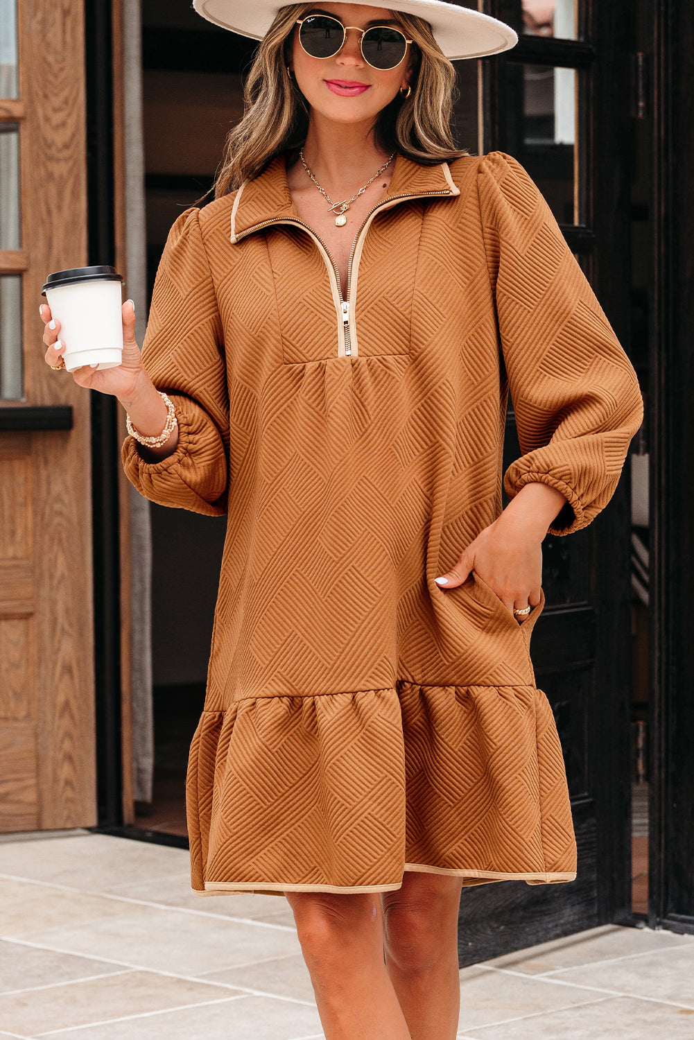 Danielle Zip Collar Textured Mini Dress in a flattering fit with a modern zip-up neckline.