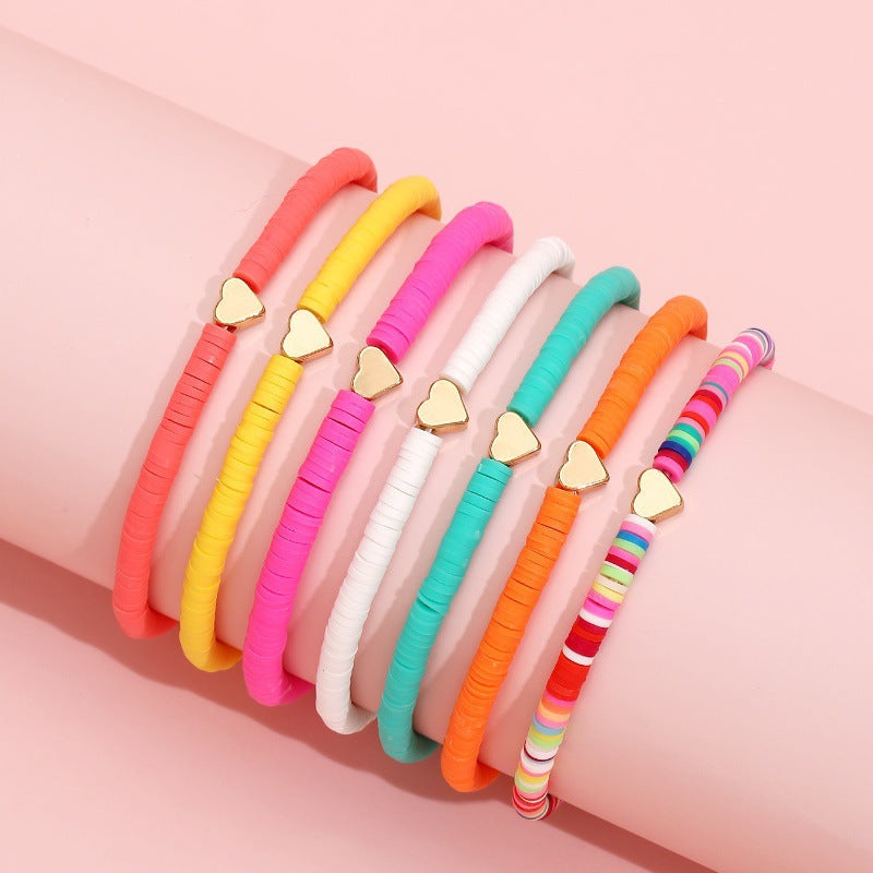 Colorful Heart-Shaped Polymer Clay Beaded Bracelet 7pc Set