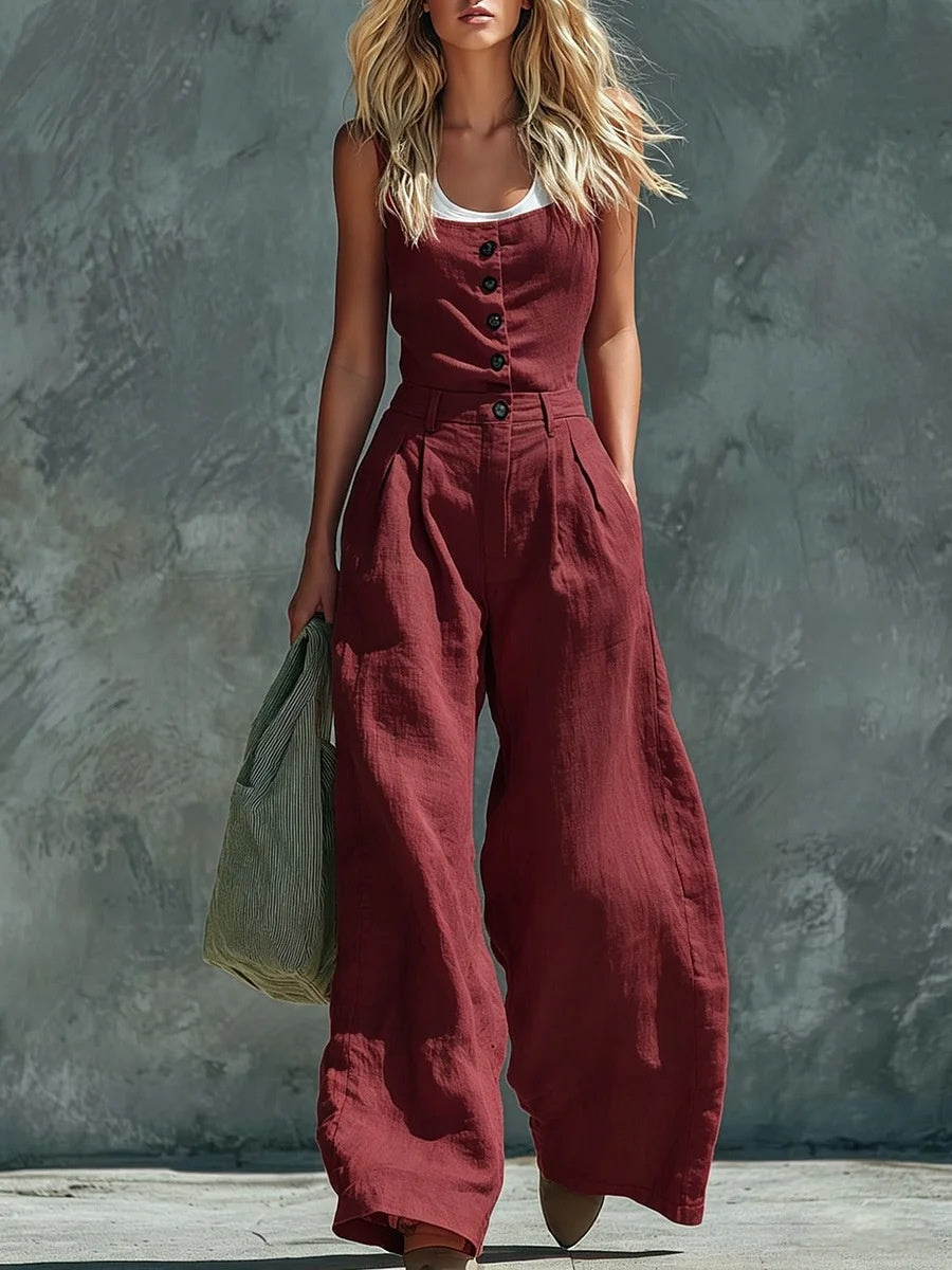Women's Retro Button-Front High-Waist Wide-Leg Jumpsuit - Image 3