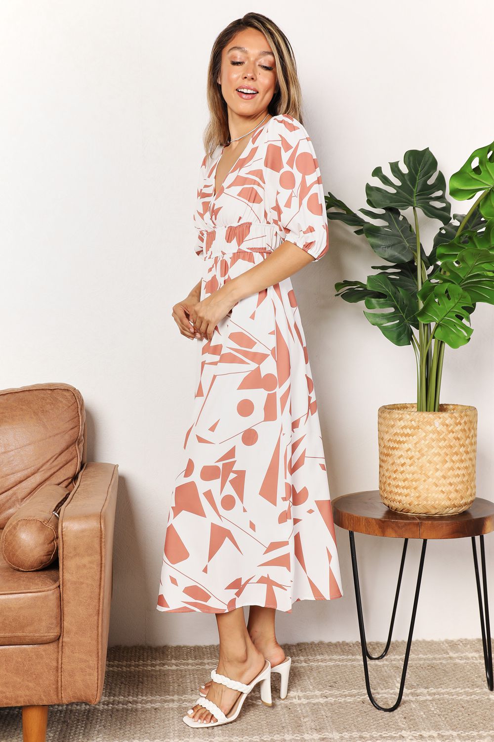 Printed Surplice Balloon Sleeve Midi Dress