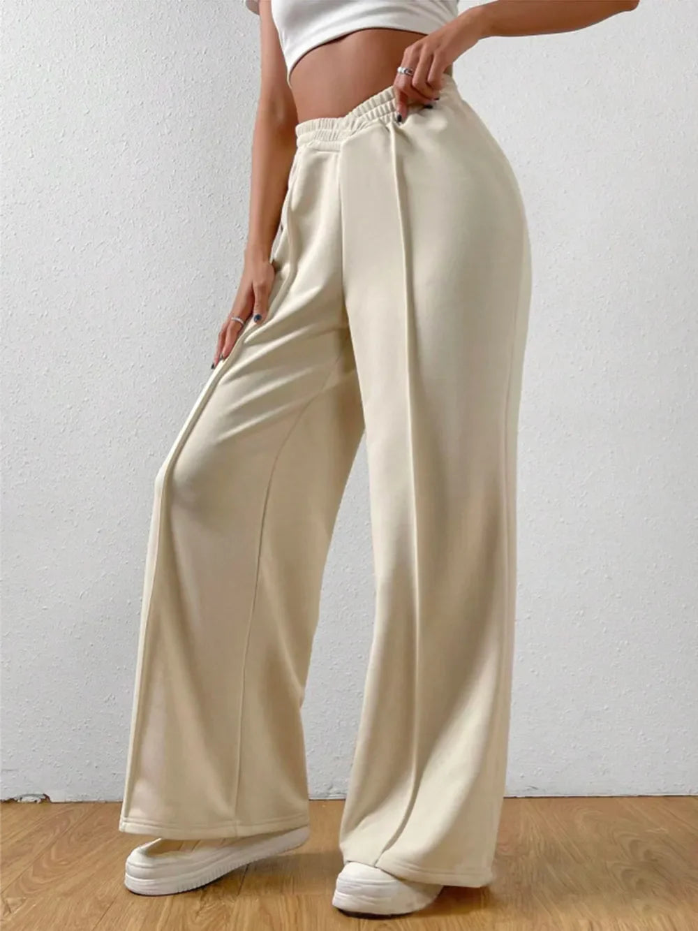 Elastic Waist Wide Leg Pants | Grey Knit Relaxed Fit