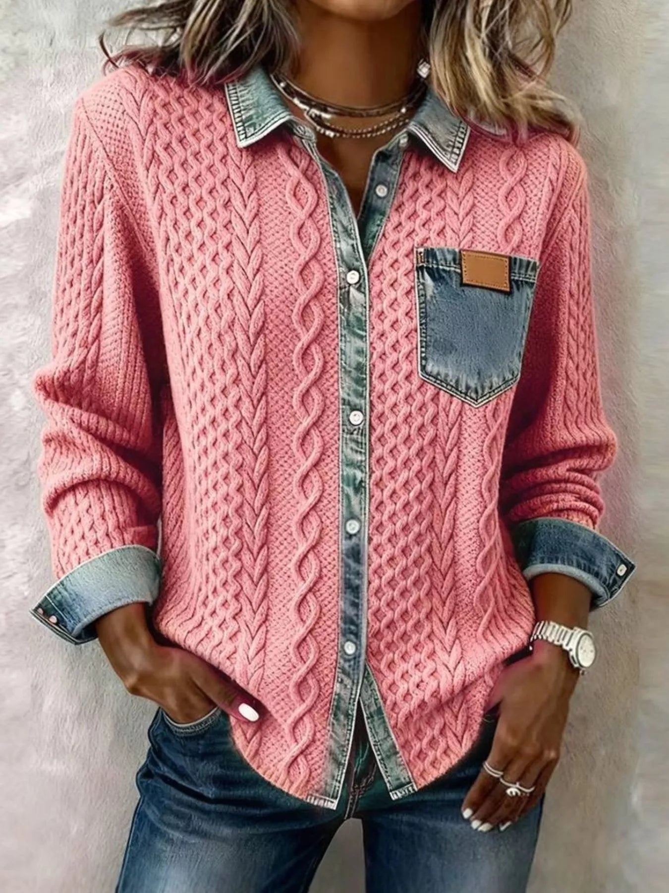 Denim Trim Cable Knit Cardigan | Buttoned Pocketed