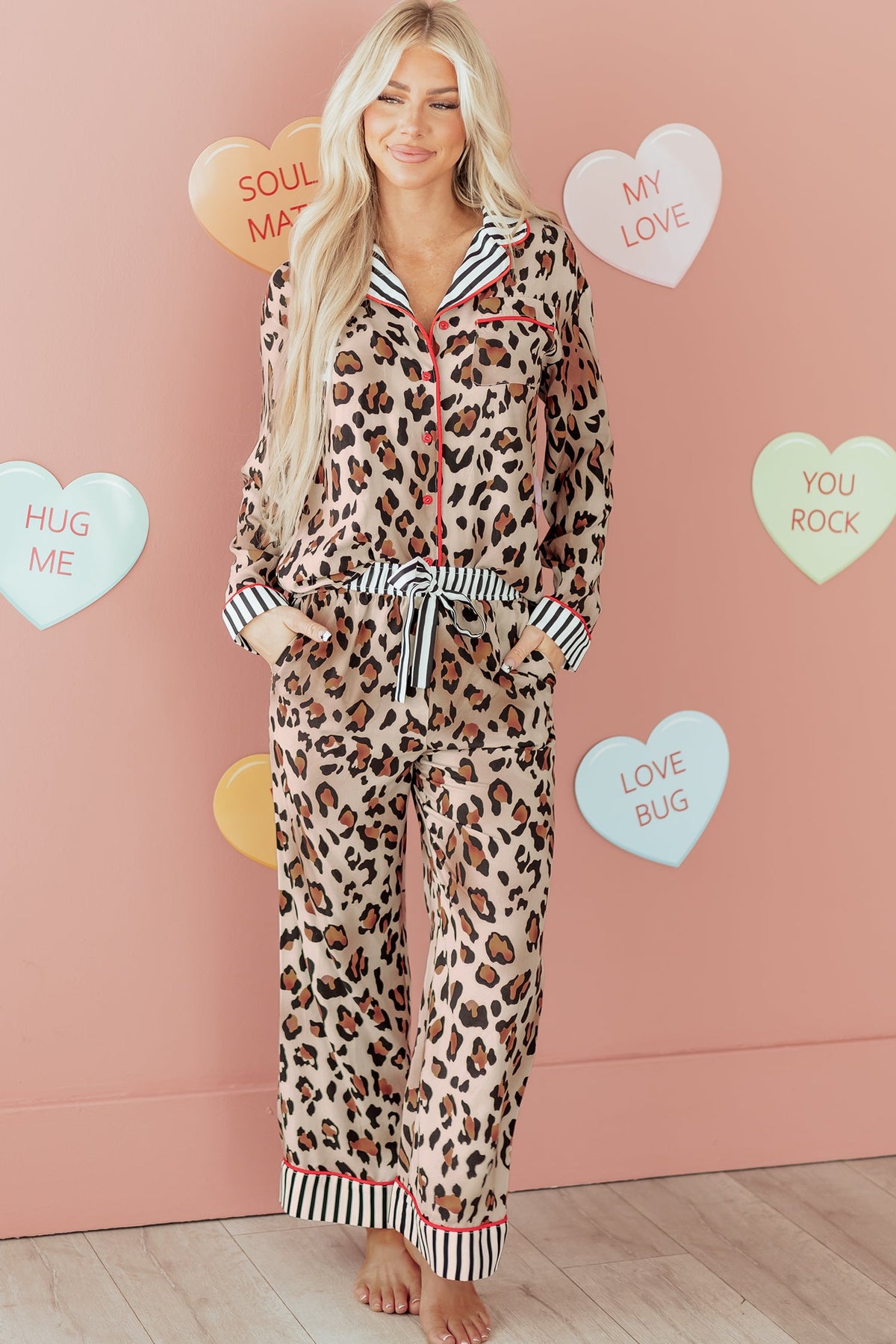 Leopard Colorblock Stripe Edge Shirt and Pants Pajama Set