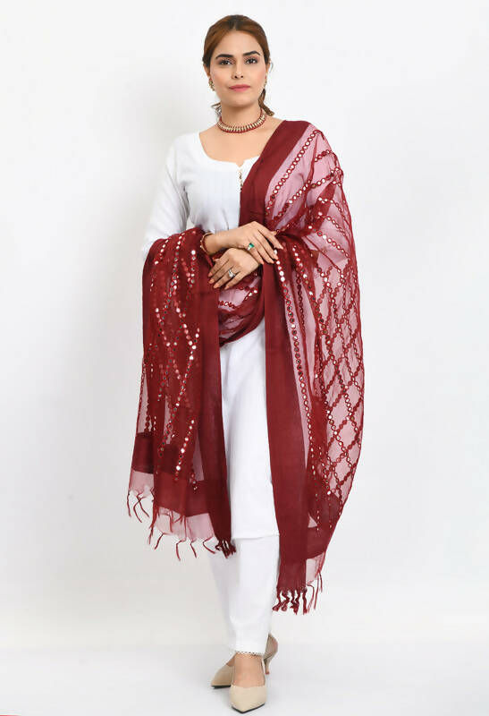 Maroon Organza Dupatta with Mirror Stripe Thread Work