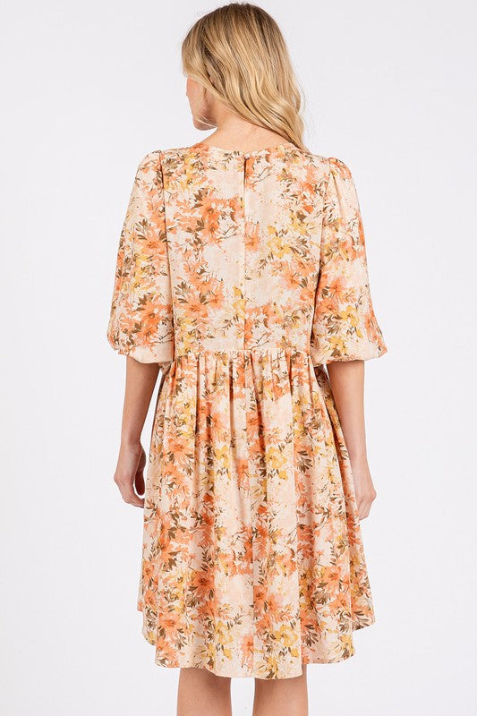 Floral Linen Blend Babydoll Mini Dress in Beige and Orange
