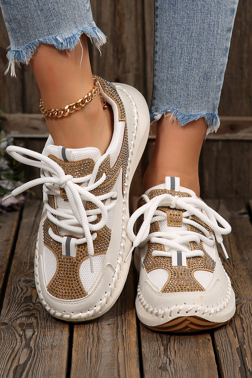White Rhinestone Platform Sneakers Casual Lace Up Trainers
