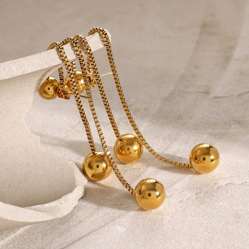 18K Gold Round Bead Tassel Drop Earrings, Lightweight Luxury