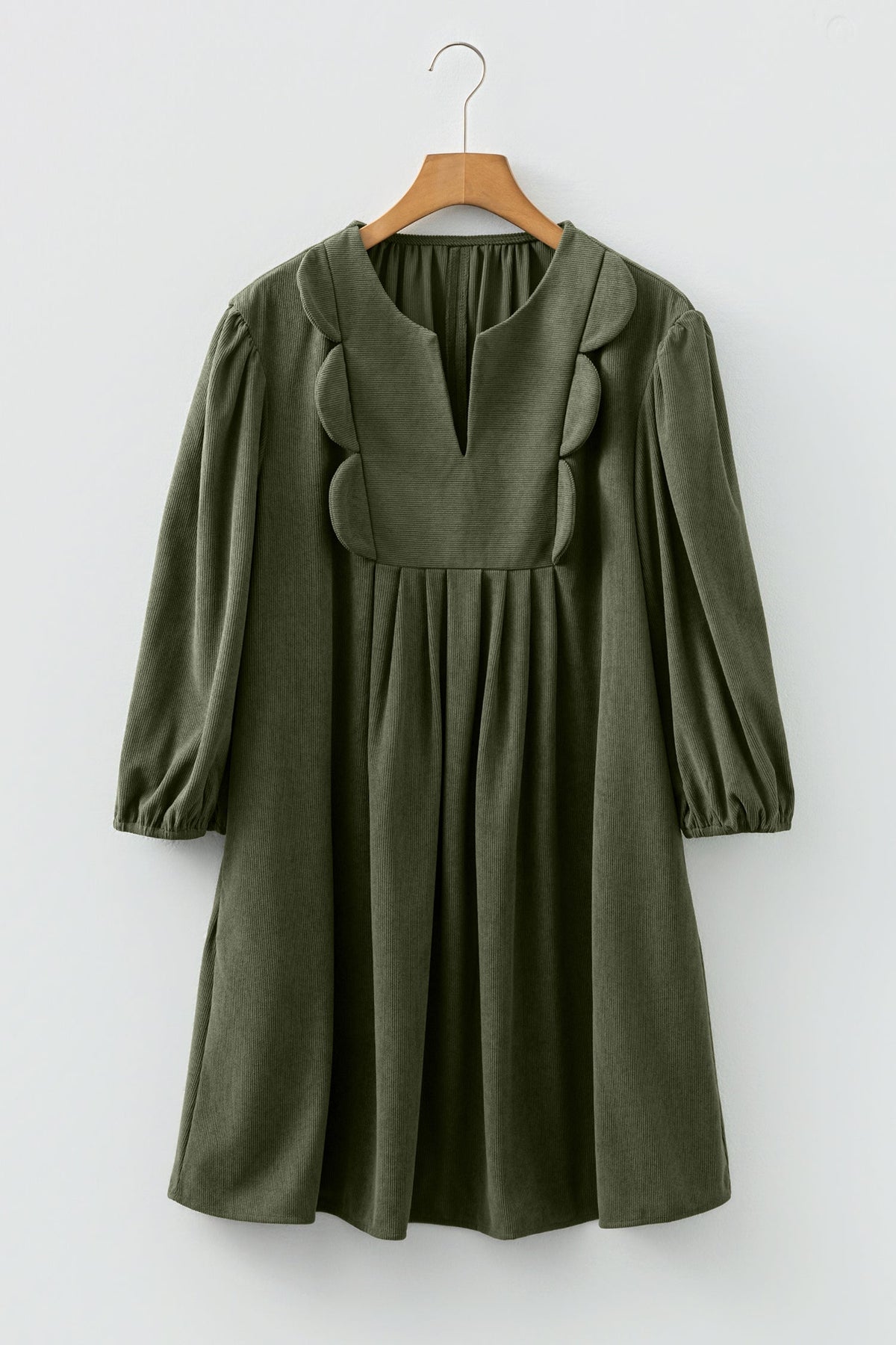Moss Green Bracelet Sleeve Split Neck Scallop Detail Pleated Corduroy Mini Dress