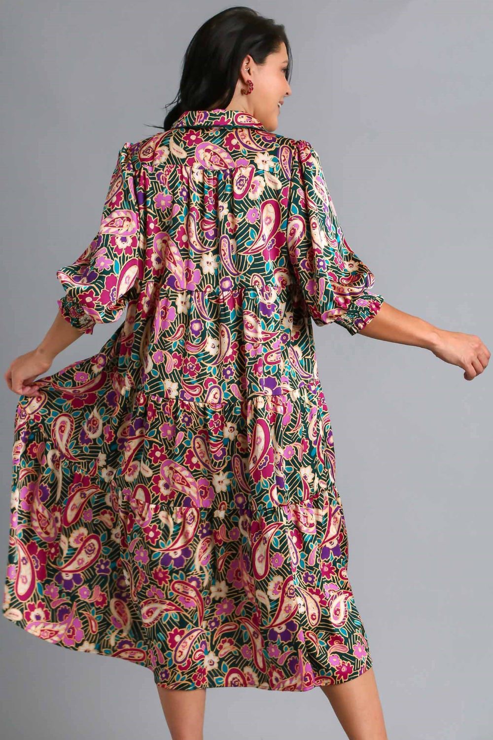 Printed Satin Midi Dress with Tiered Design