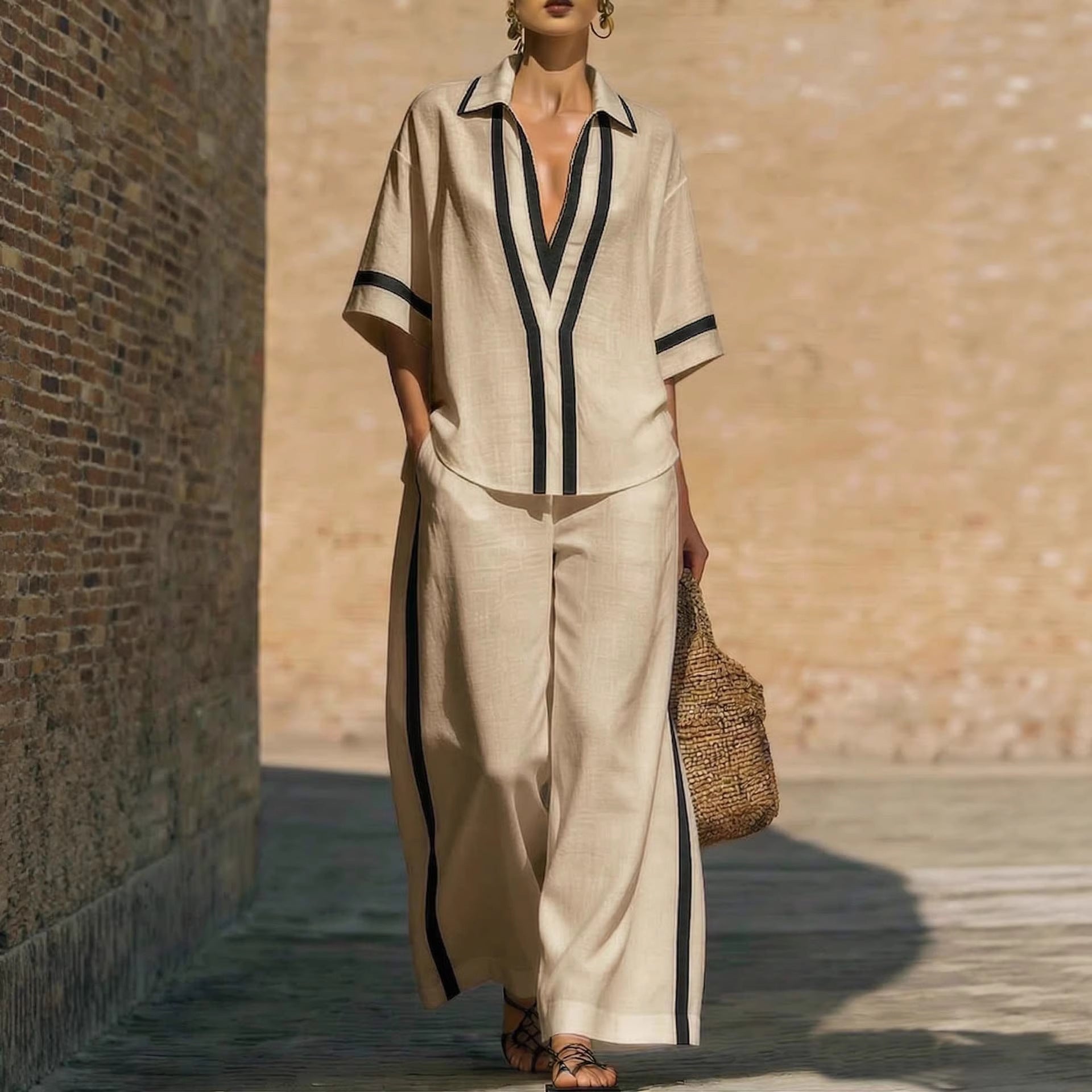 Women’s Color Block Shirt and Wide-Leg Pants Two-Piece Set - Image 3