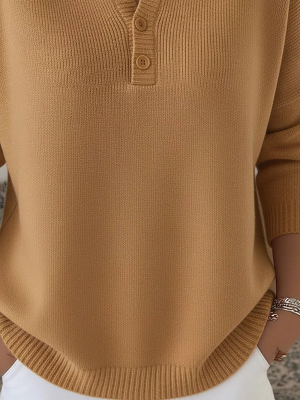 Full Size Half Button Long Sleeve Knit Top Plus Size