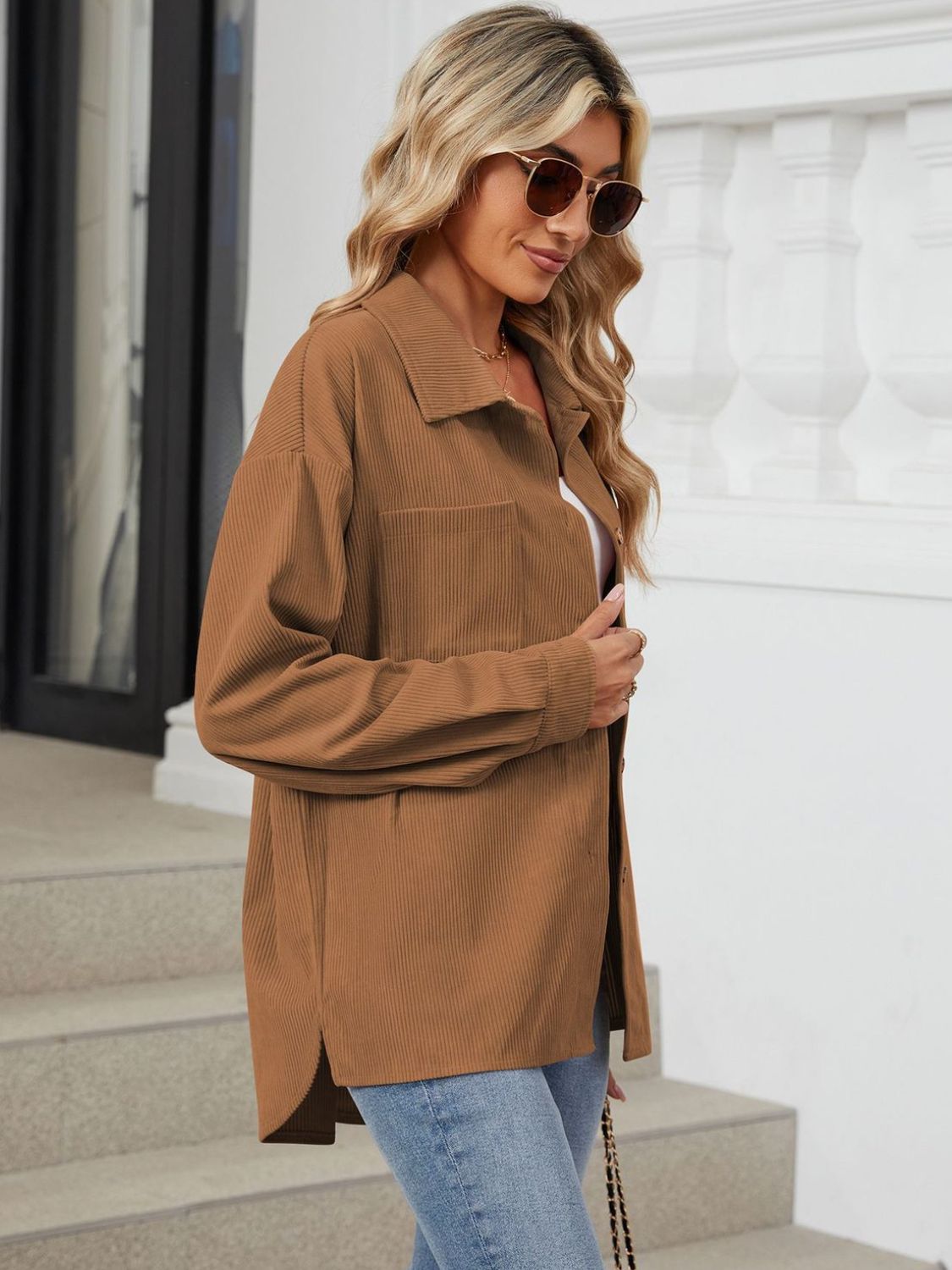 Rayon Button Up Dropped Shoulder Long Sleeve Shirt