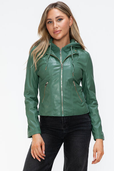 Women wearing an edgy black faux leather zip-up jacket with a drawstring hood and streetwear styling