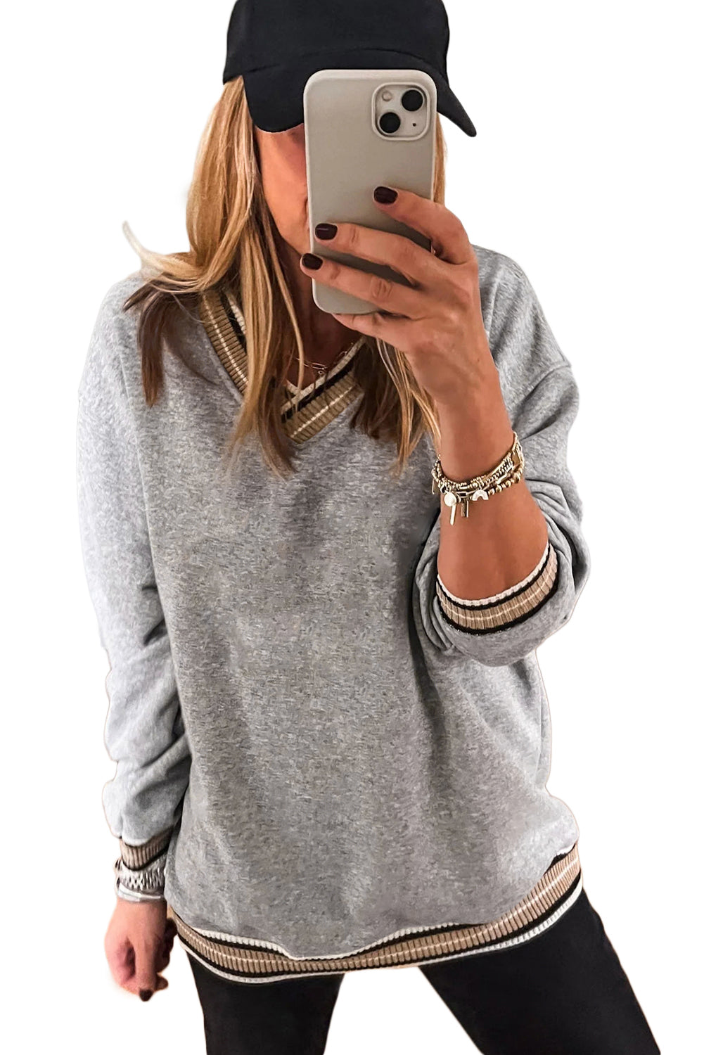 Gray Varsity V Neck Sweatshirt | Contrast Trim