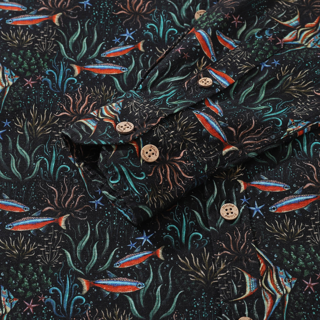 Underwater Blues Print Long Sleeve Cotton Hawaiian Aloha Shirt