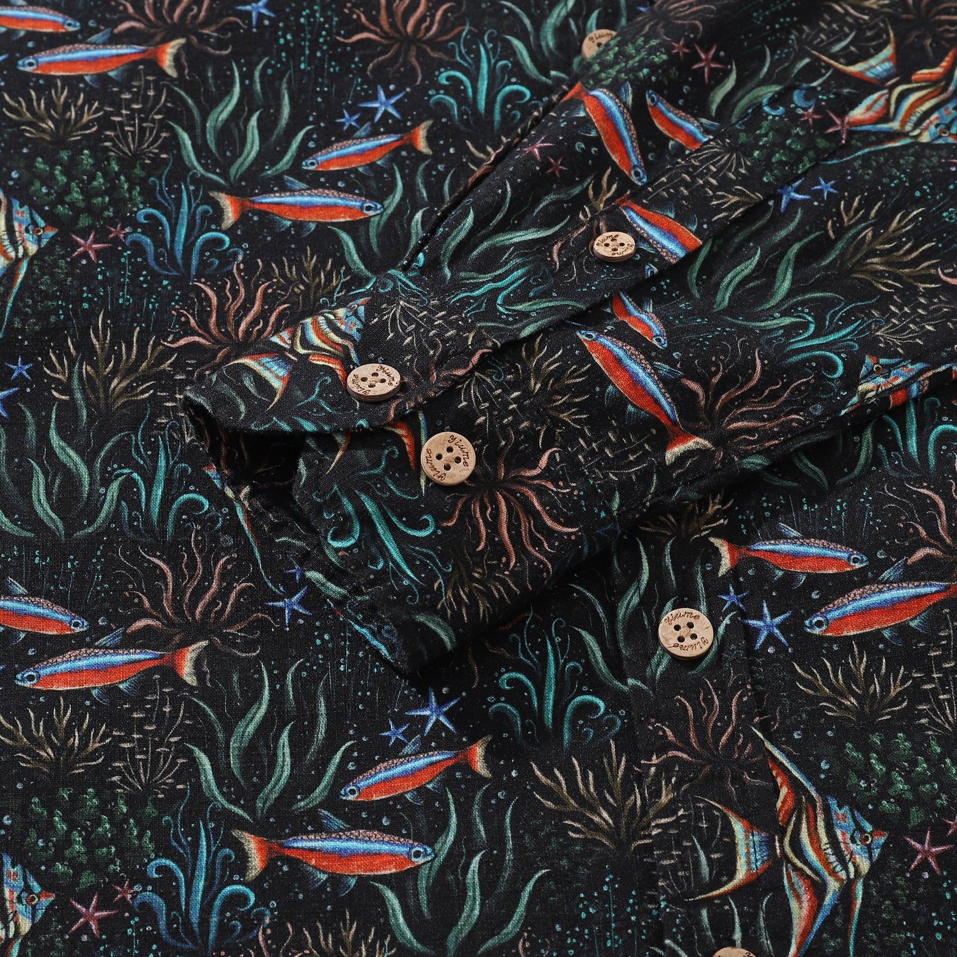 Underwater Blues Print Long Sleeve Cotton Hawaiian Aloha Shirt