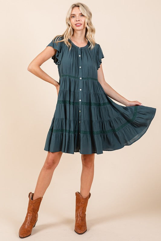 Lace Detail Ruffled Button Down Tiered Cotton Dress